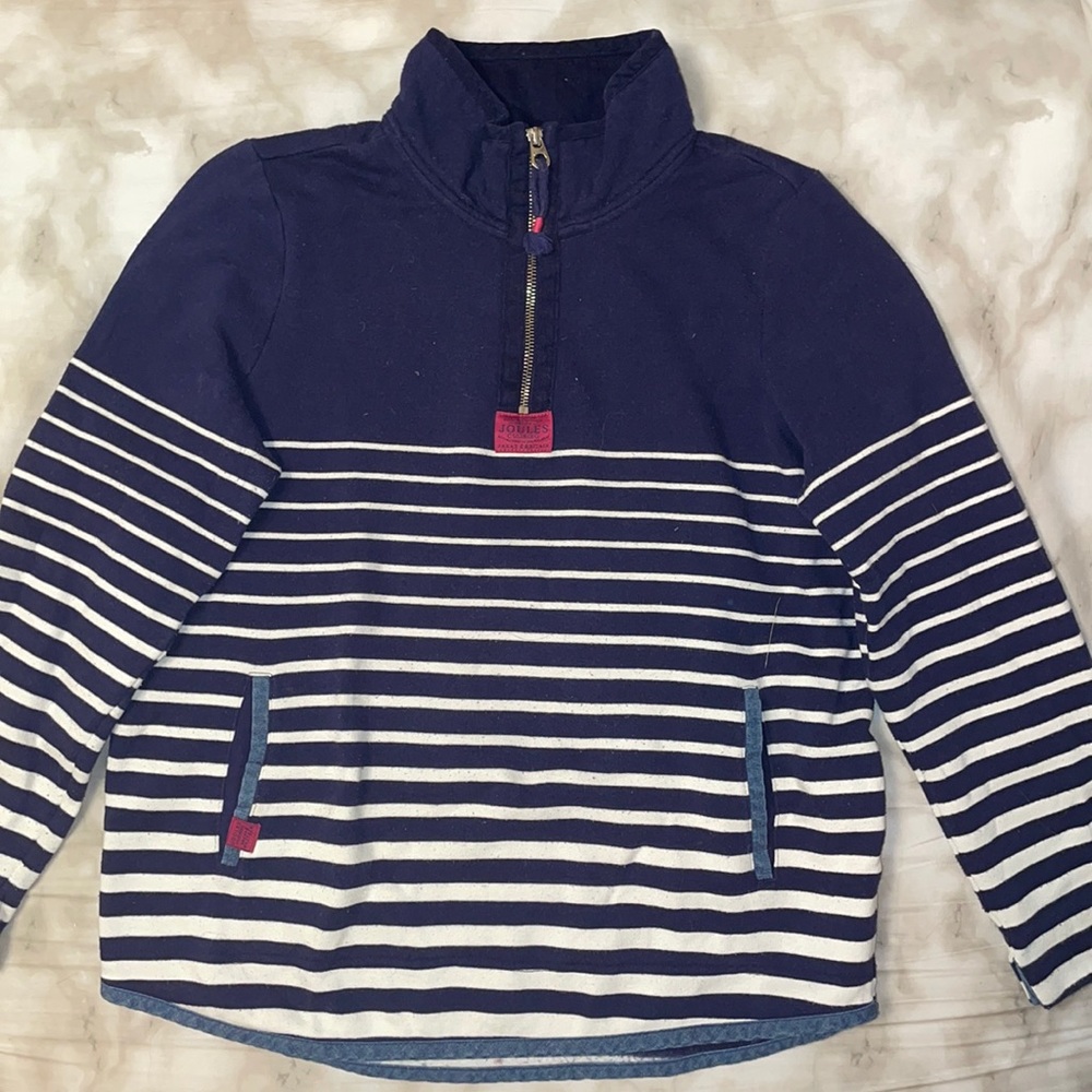 Joules clothing blue and white striped quarter zip